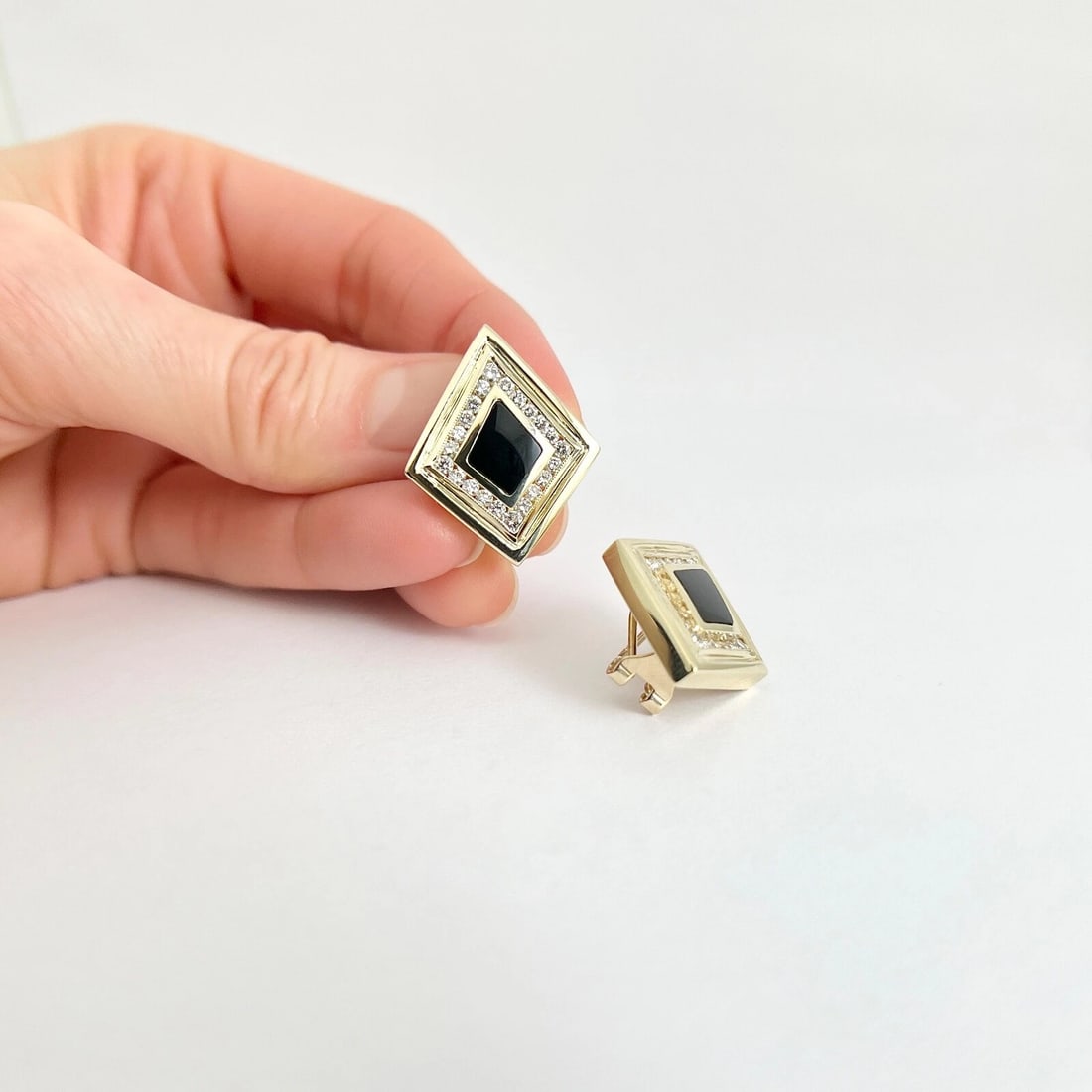 Vintage Geometric Black Onyx Diamond Drop Earrings 14K Yellow Gold, 9.82 Gram - 5