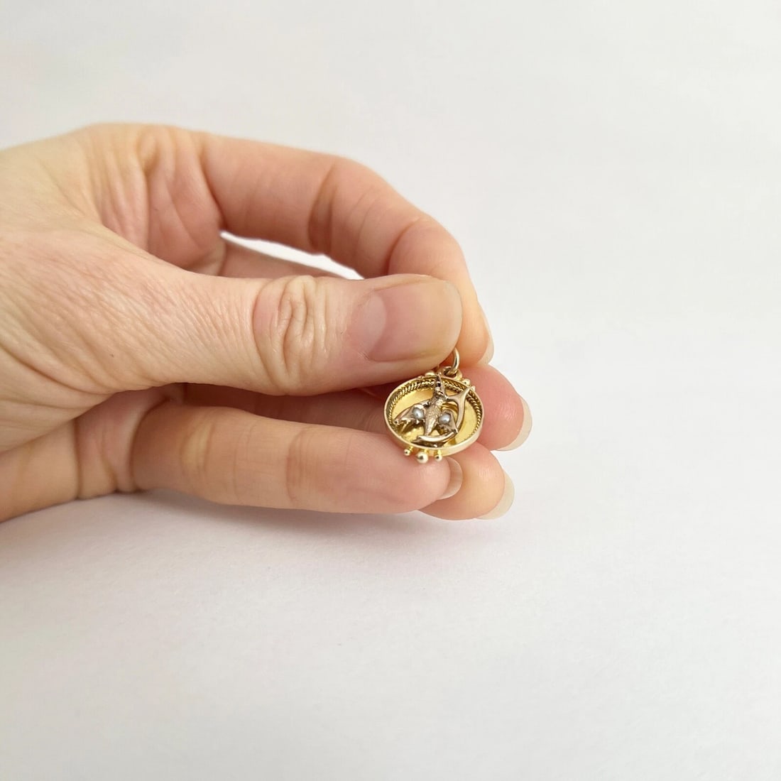 Antique Bird Wishbone Seed Pearl Necklace Pendant Charm 14K Yellow Gold, 1.99 Gr - 5