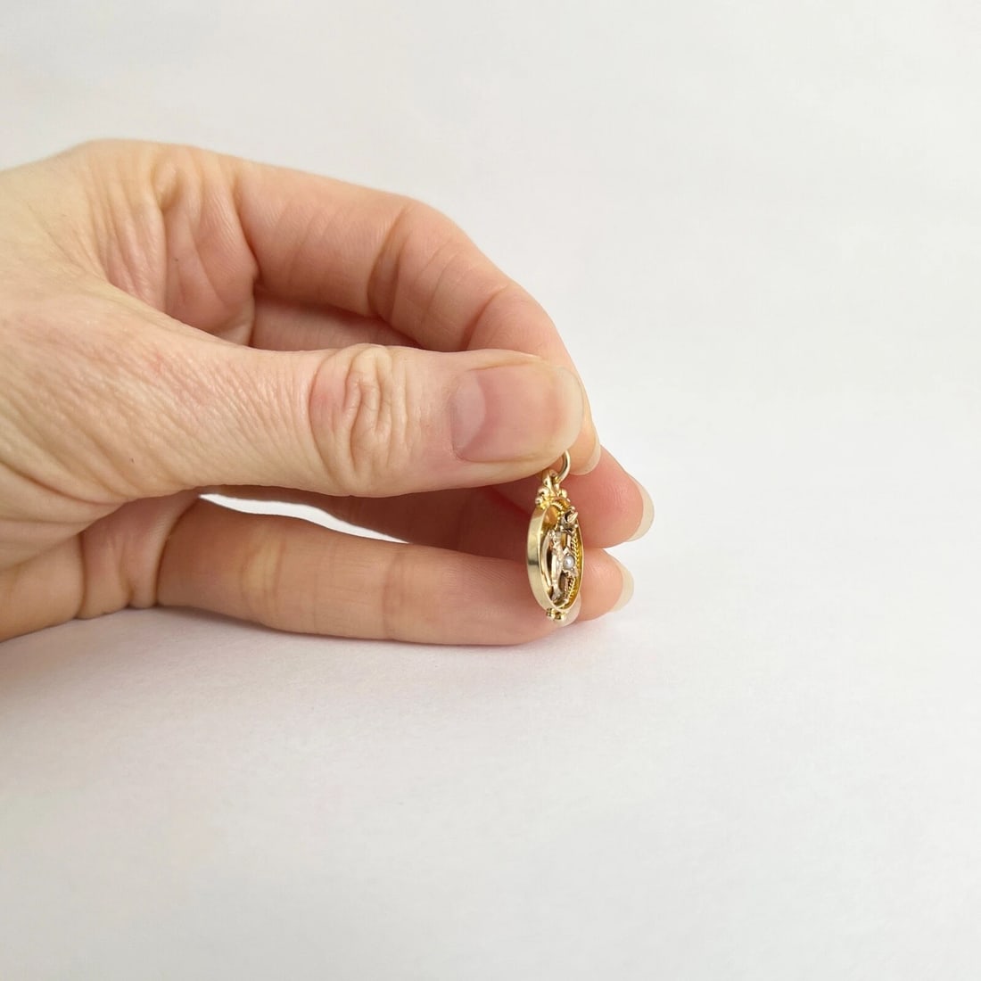 Antique Bird Wishbone Seed Pearl Necklace Pendant Charm 14K Yellow Gold, 1.99 Gr - 6