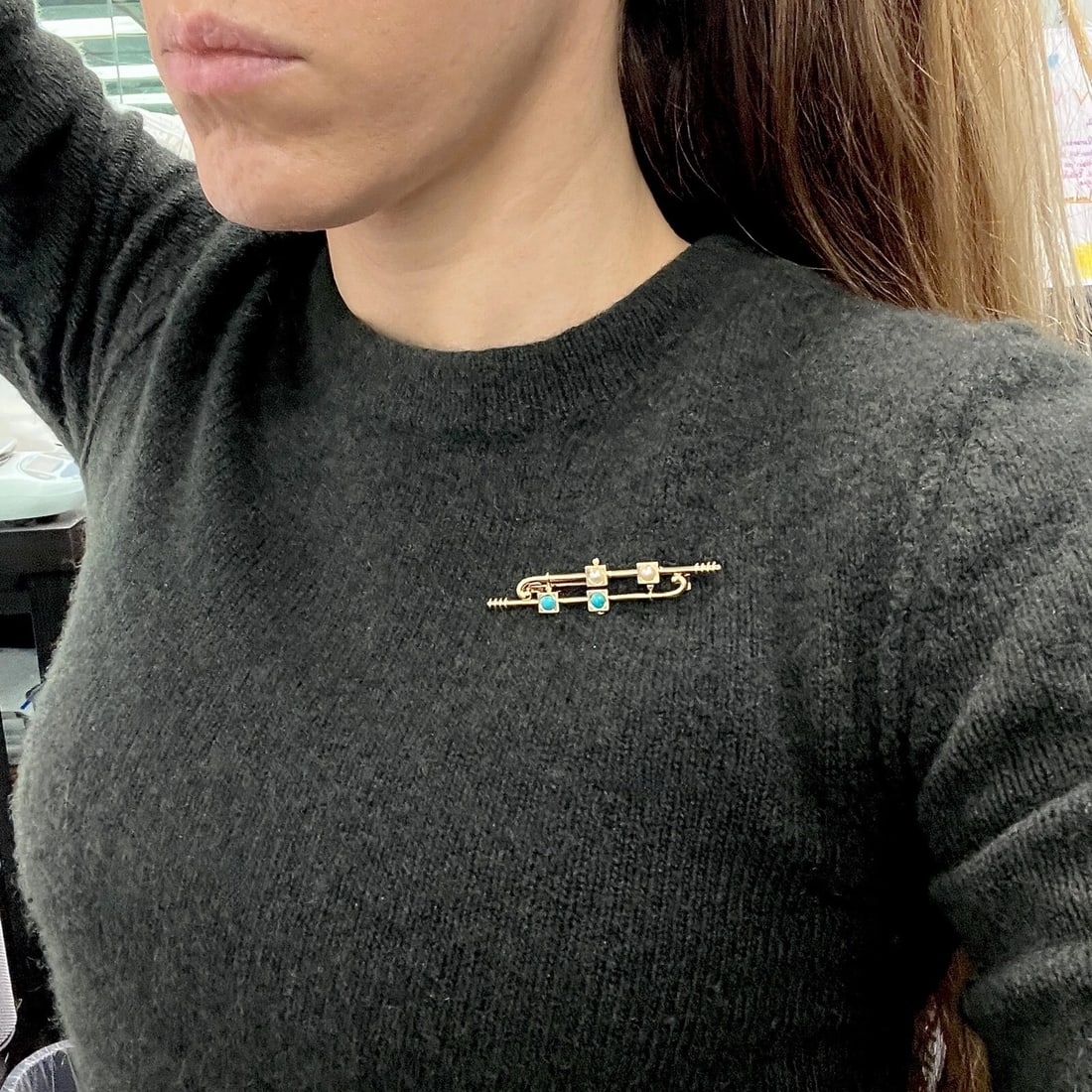 Antique Art Deco Long Cabochon Turquoise Pearl Brooch 14K Yellow Gold, 5.21 Gr - 4