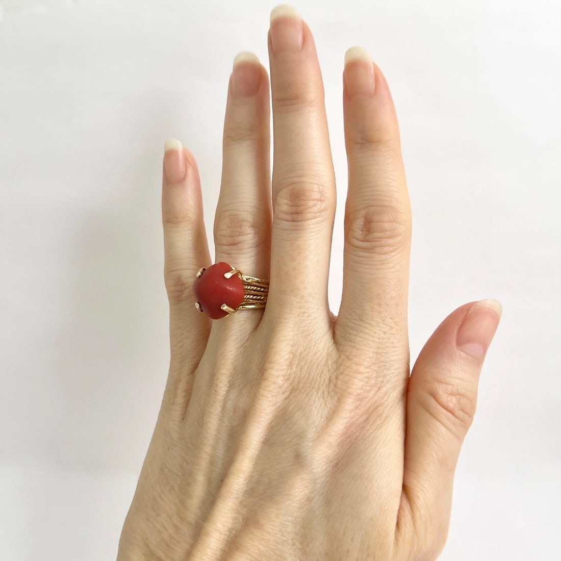 Vintage 1960's Cabochon Red Coral Cocktail Ring 12K Yellow Gold, 7.93 Gr - 2