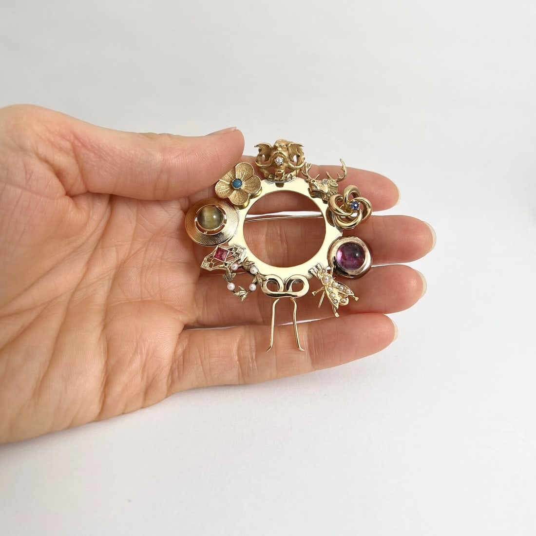 Vintage Hodgepodge Collection Gemstone Pearl Brooch 14K Yellow Gold, 13.66 Gr - 4