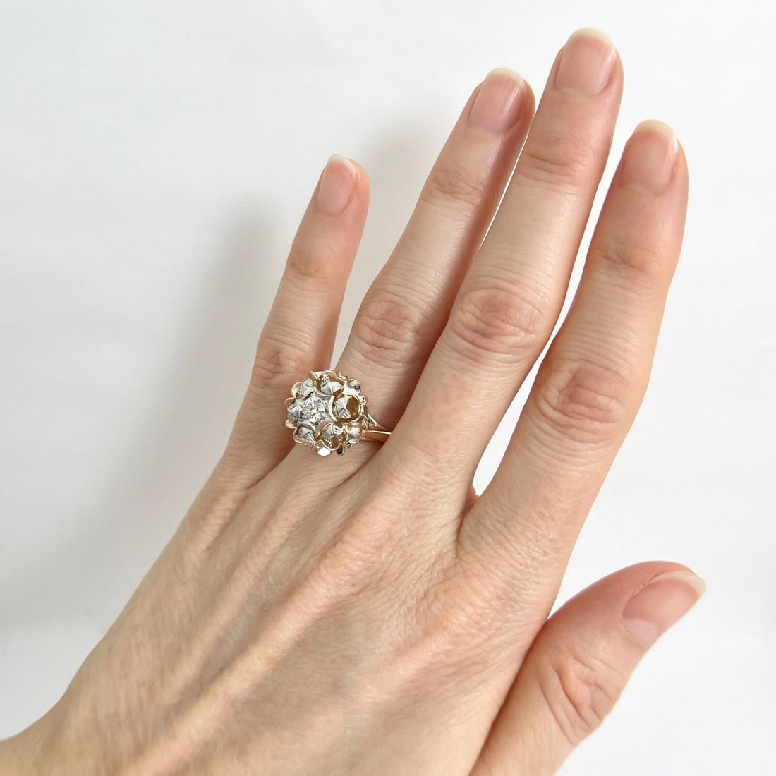 Vintage 1950's Diamond Two-Tone Dome Cocktail Ring 18K Rose White Gold, 5.47 Gr - 5