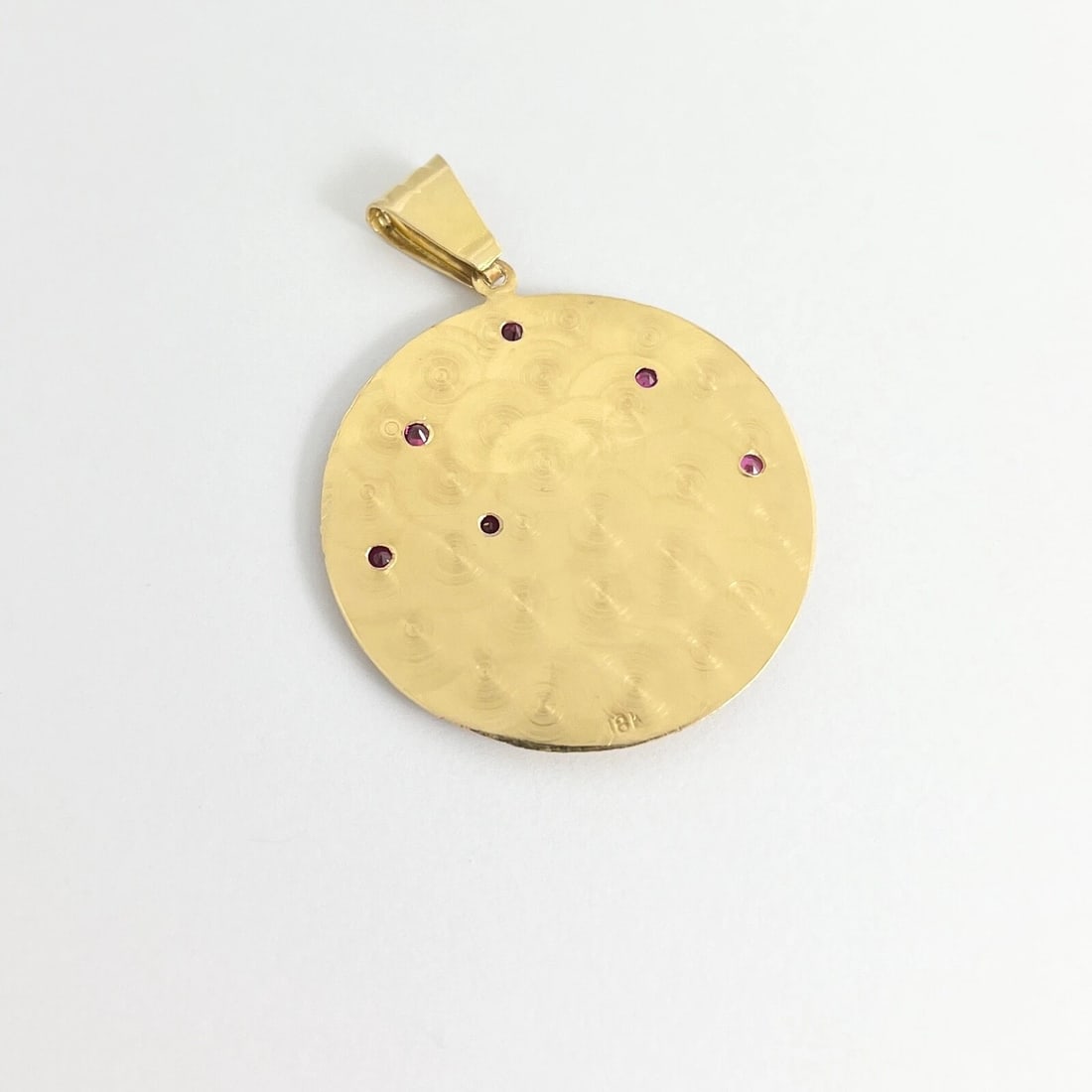 Vintage Simulated Ruby Round Saint Necklace Pendant 18K Yellow Gold, 12.49 Grams - 6