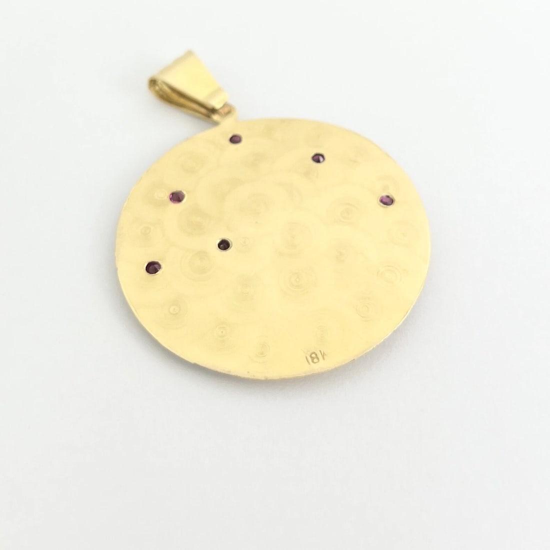 Vintage Simulated Ruby Round Saint Necklace Pendant 18K Yellow Gold, 12.49 Grams - 7