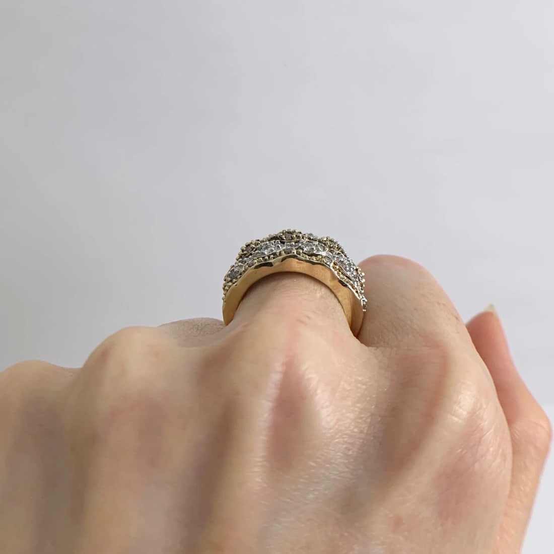 Vintage Brown Cognac White Diamond Wide Band Ring 14K Yellow Gold, 7.19 Grams - 5