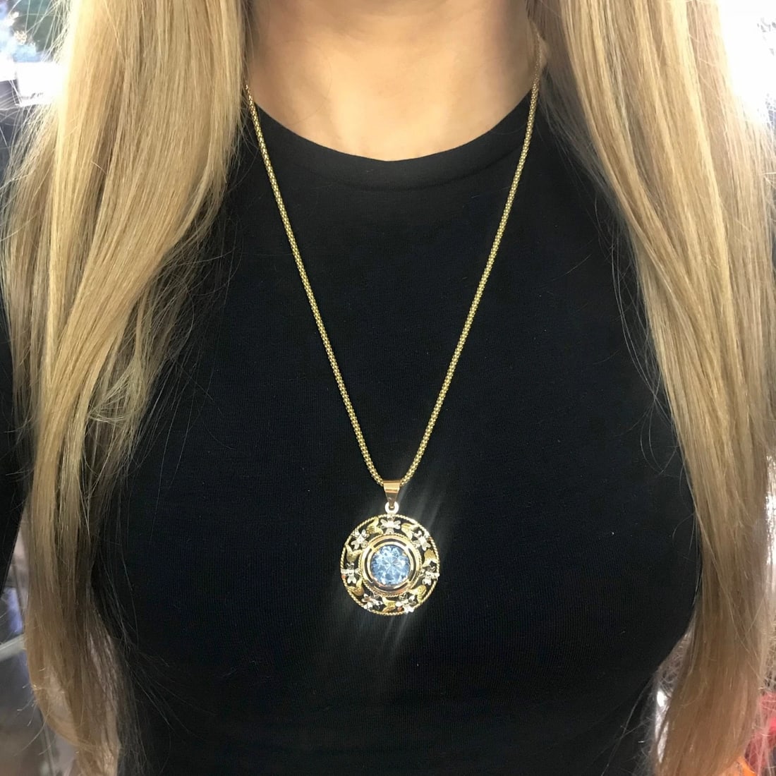 Vintage Round Blue Lab-Created Spinel Filigree Pendant 18K Yellow Gold, 10.25 Gr - 5