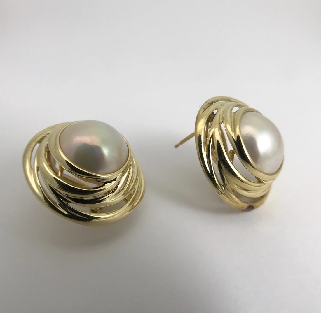 Vintage Japanese Pearl Large Swirl Button Stud Earrings 14K Yellow Gold, 13.3 Gr - 6