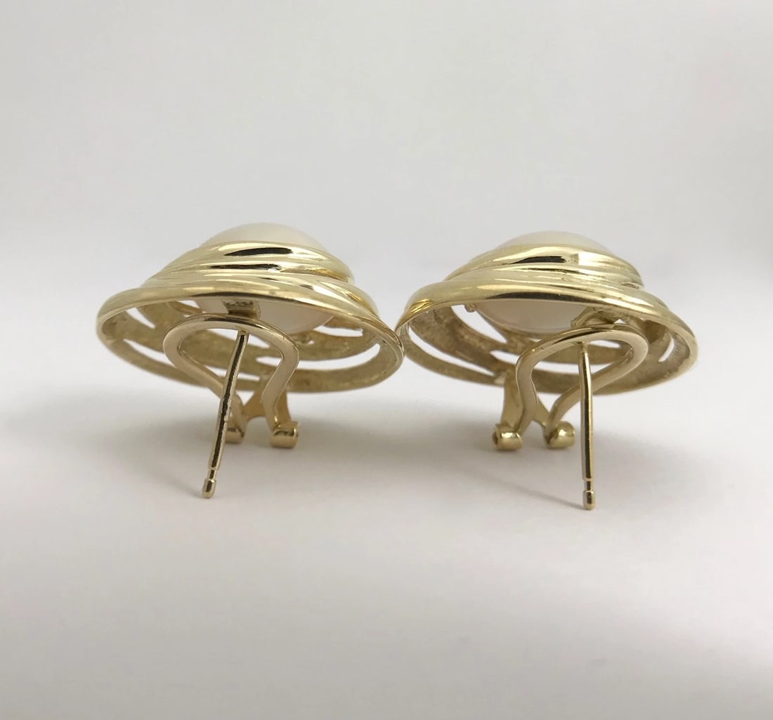 Vintage Japanese Pearl Large Swirl Button Stud Earrings 14K Yellow Gold, 13.3 Gr - 7