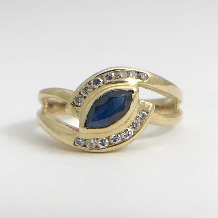 Vintage Marquise Dark Blue Sapphire Diamond Ring 14K Yellow Gold, 2.8 Grams - 7