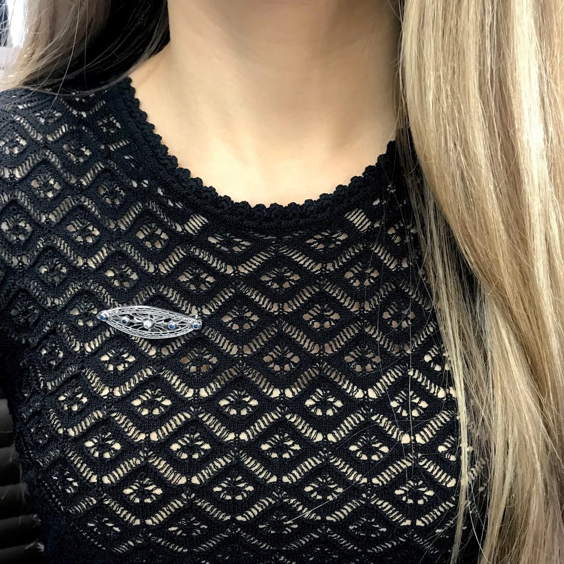 Vintage 1950's Blue Sapphire Diamond Platinum Brooch Pin, .30 CTW, 4.96 Gr - 5