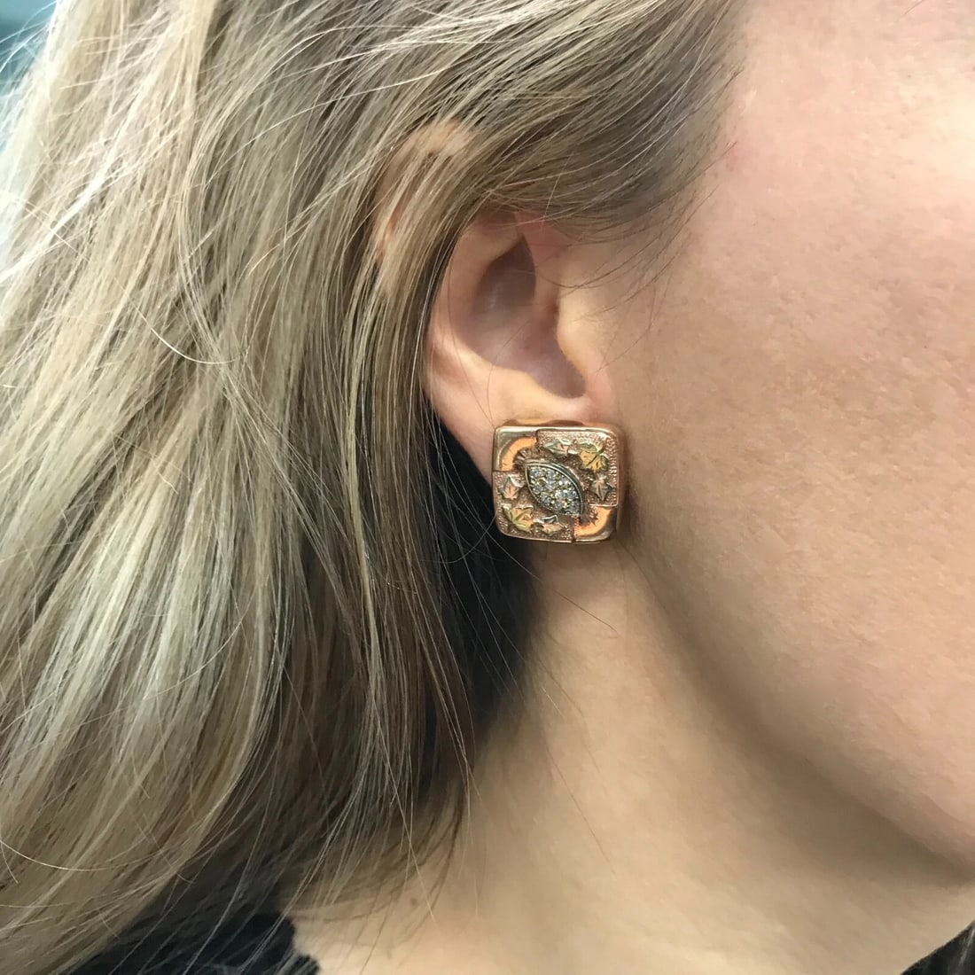 Vintage 1950's Diamond Leaf Square Button Stud Earrings 10K Rose Gold, 9.51 Gram - 5