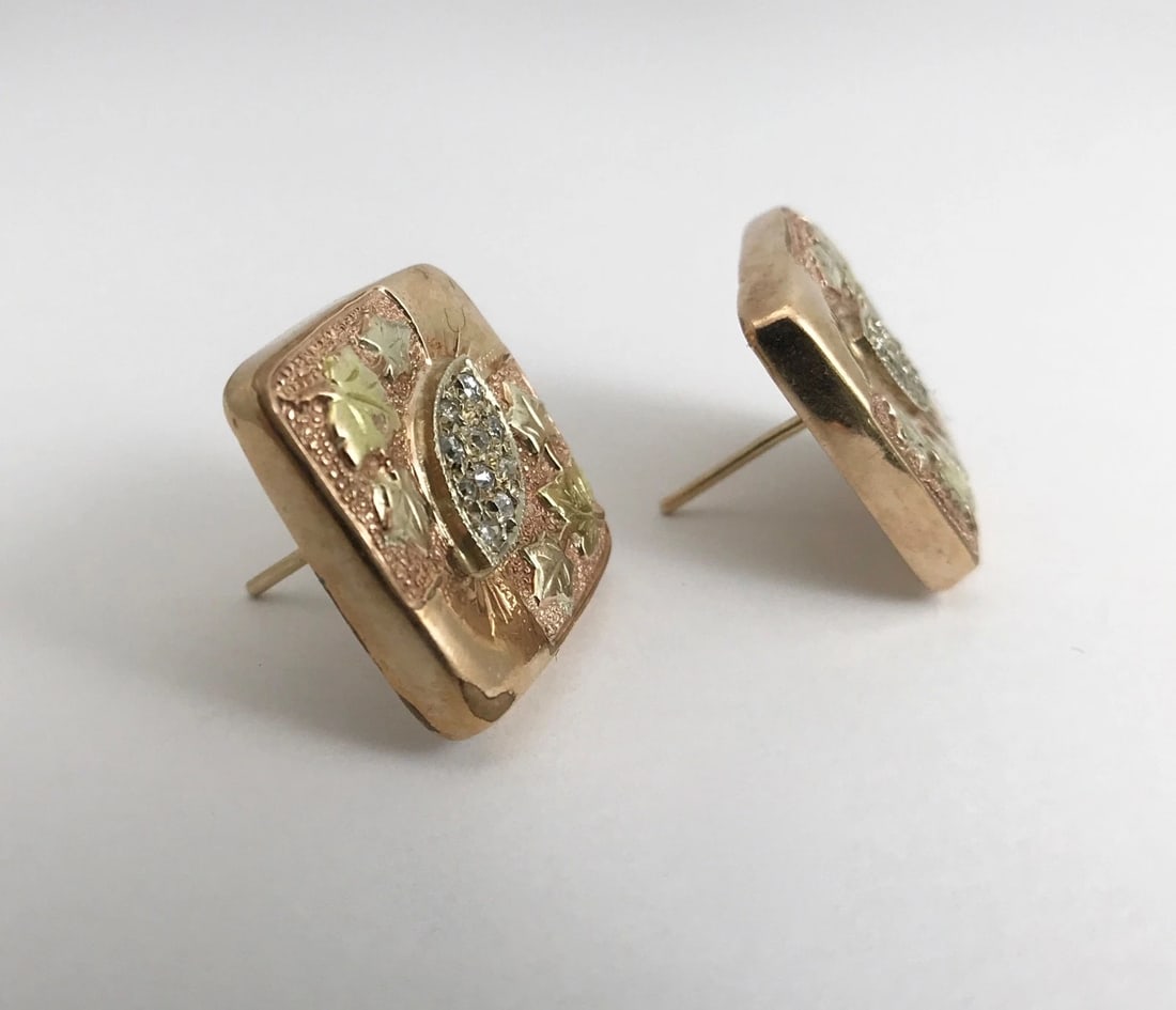 Vintage 1950's Diamond Leaf Square Button Stud Earrings 10K Rose Gold, 9.51 Gram - 8