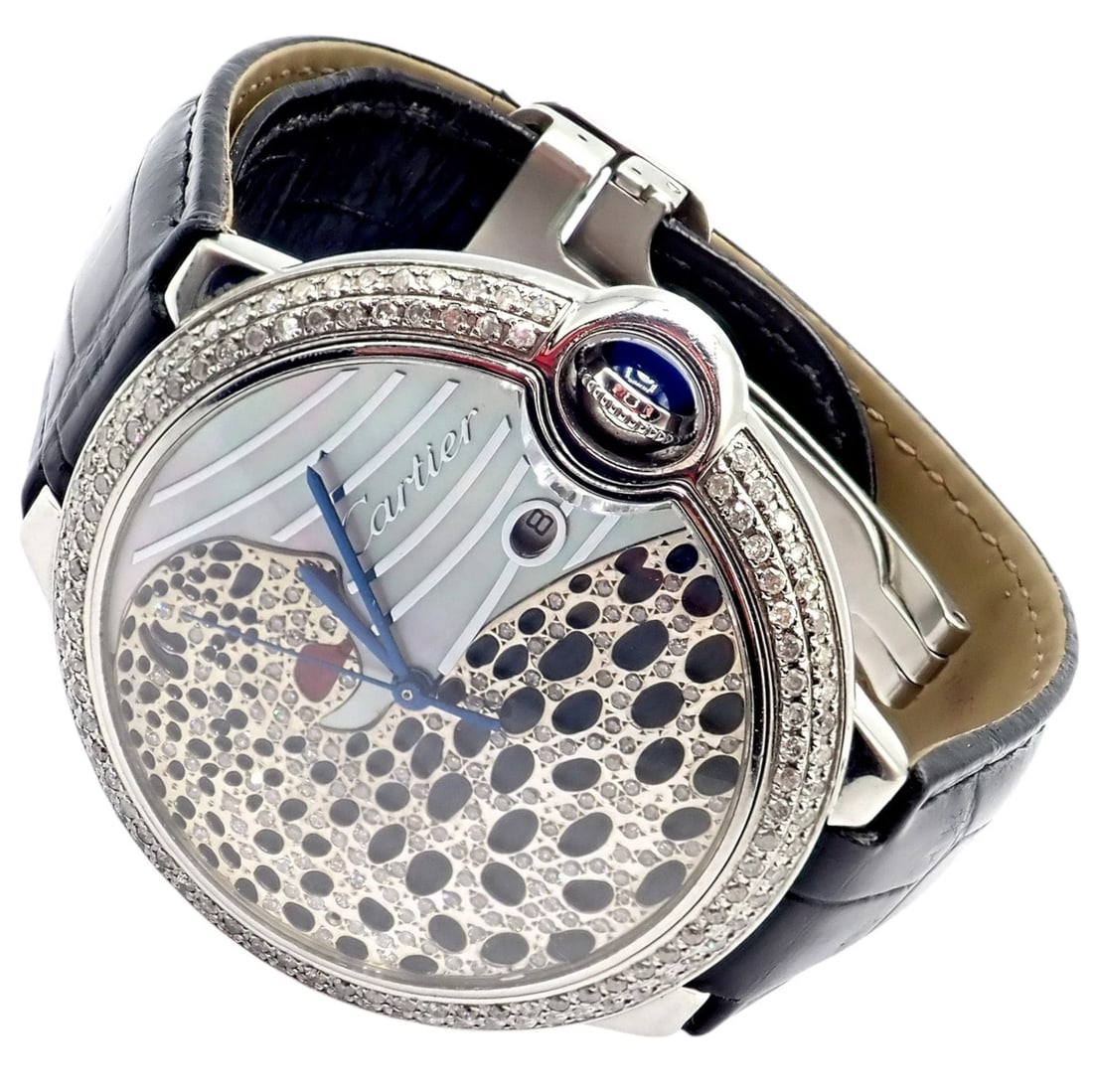 Cartier Stainless Steel Ballon Bleu Custom Diamond Enamel Automatic Watch 3001: An extraordinary interpretation of an icon, this Cartier Ballon Bleu 42mm (ref. 3001) is elevated into a true collector’s statement with a custom diamond-set bezel and a striking panther motif d