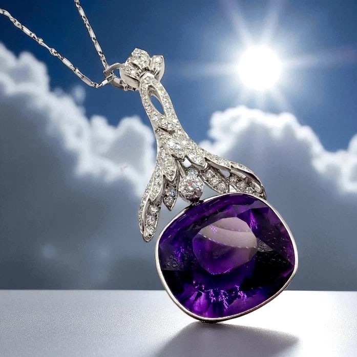 Vintage Estate Platinum Diamond Large Amethyst Art Deco Necklace: Vintage Estate Platinum Diamond Large Amethyst Art Deco Necklace About This Piece: This vintage estate platinum necklace exudes Art Deco elegance. Featuring a large, richly hued cushion-cut amethyst f