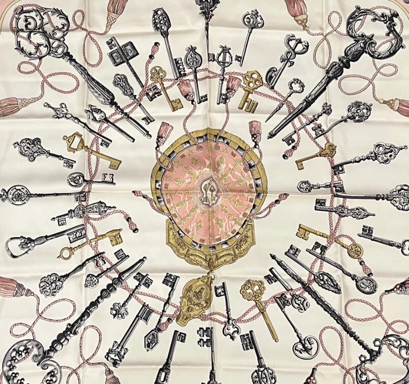 Authentic RARE! Hermes Les Cles Key Vintage 90cm Silk Scarf: Authentic RARE! Hermes Les Cles Key Vintage 90cm Silk Scarf About This Piece: This Authentic RARE! Hermes Les Cles vintage 90cm silk scarf showcases a stunning design of ornate keys, symbolizing elega