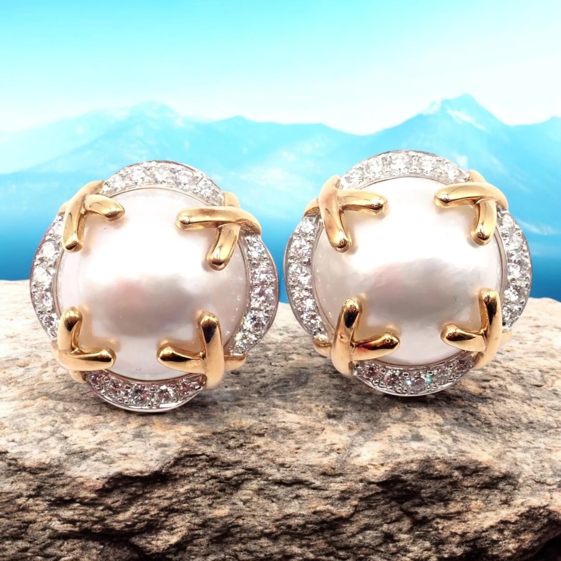Authentic! Vintage Verdura 18k Yellow Gold Mabe Pearl Diamond Large Earrings: Authentic! Vintage Verdura 18k Yellow Gold Mabe Pearl Diamond Large Earrings About This Piece: Behold the timeless sophistication of these Authentic! Vintage Verdura 18k Yellow Gold Mabe Pearl Diamond