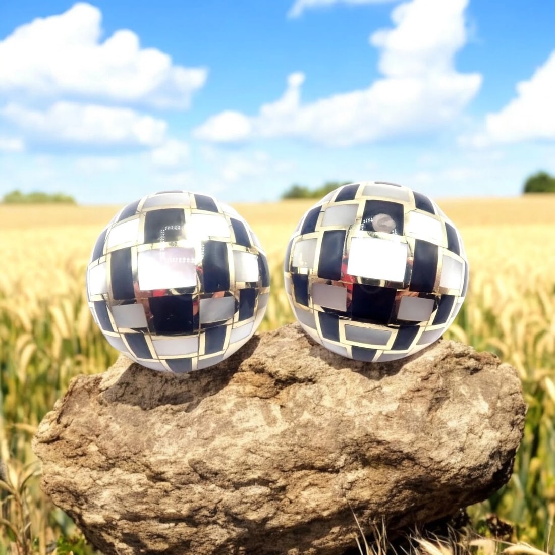 Tiffany & Co Cummings 18k Gold Mother of Pearl Black Jade Checkerboard Earrings: Tiffany & Co Cummings 18k Gold Mother of Pearl Black Jade Checkerboard Earrings About This Piece: These rare Tiffany & Co Angela Cummings earrings showcase 18k gold craftsmanship and exquisite inlaid