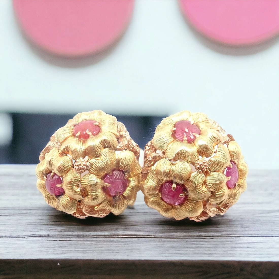 Authentic! Vintage Buccellati 18k Yellow Gold Carved Ruby Flower Earrings: Authentic! Vintage Buccellati 18k Yellow Gold Carved Ruby Flower Earrings About This Piece: These vintage Buccellati 18k yellow gold earrings showcase exquisite carved ruby flowers set at the center,