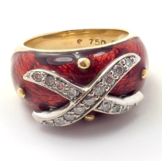 Authentic! Hidalgo 18k Yellow Gold Red Enamel X Diamond Ring sz 5: Authentic! Hidalgo 18k Yellow Gold Red Enamel X Diamond Ring sz 5 About This Piece: About Hidalgo and his work: 35 years ago, Mr. Hidalgo decided to give up his successful career in computer engineeri