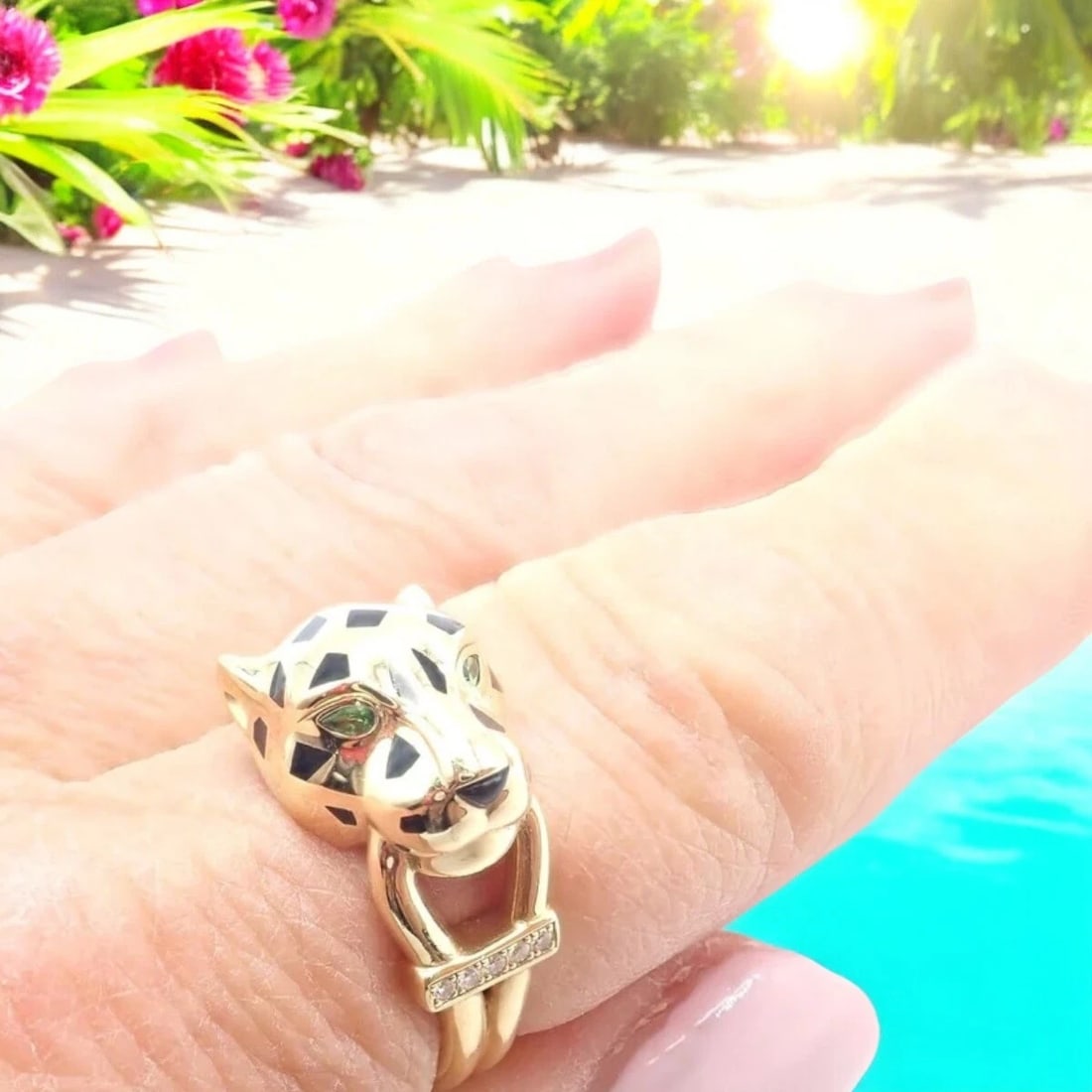 Authentic! Cartier Panther Panthere 18k Gold Diamond Lacquer Tsavorite Ring Cert: Authentic! Cartier Panther Panthere 18k Gold Diamond Lacquer Tsavorite Ring Cert About This Piece: The Cartier Panther Panthere 18k Gold Diamond Lacquer Tsavorite Ring showcases Cartier's iconic panth