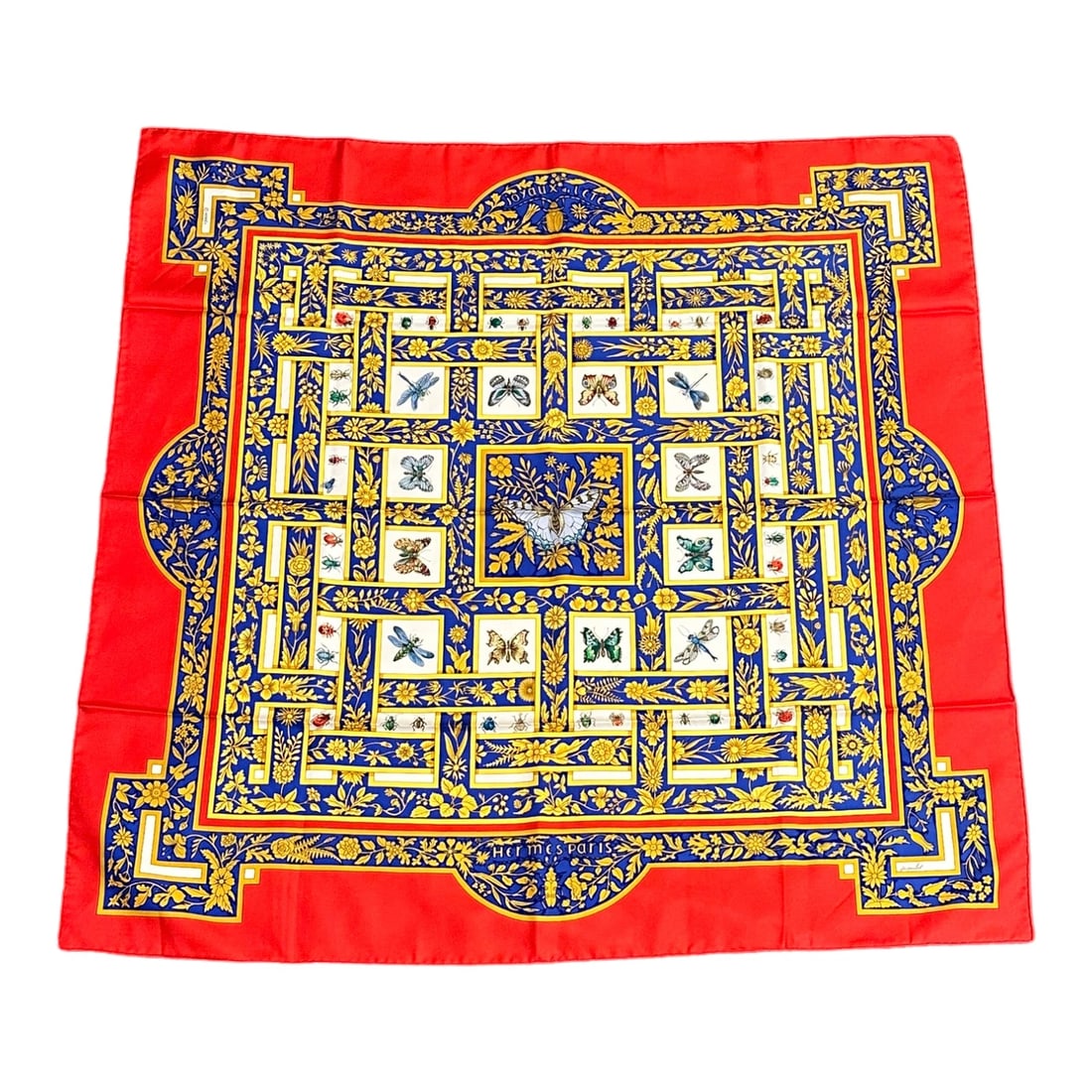 Hermes Carre Joyaux de L'ete Jacquelot 90cm Red Blue Insect Silk Scarf (1 of 7)