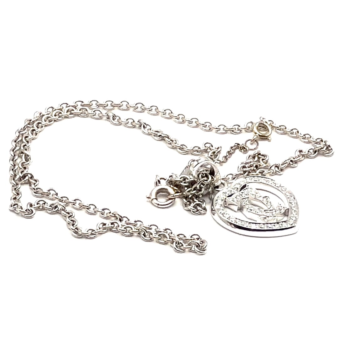 Authentic! Cartier Double C Heart 18k White Gold Diamond Pendant Necklace: Authentic! Cartier Double C Heart 18k White Gold Diamond Pendant Necklace About This Piece: Metal: 18k White Gold Necklace: Pendant: Length: 16.5" chain necklace, width: 1.5mm 18mm x 30mm Weight: 13.4
