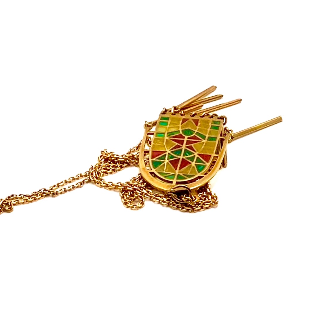 Authentic! Mikimoto 18k Yellow Gold Stained Glass Window Pendant Necklace: Authentic! Mikimoto 18k Yellow Gold Stained Glass Window Pendant Necklace About This Piece: Pendant Size: 20mm x 53mm Metal: 18k Yellow Gold Chain Includes: Beautiful Stained Glass Window Pendant Weig