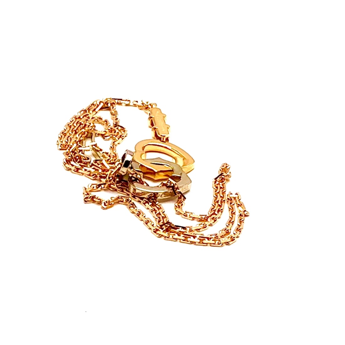 Authentic! Cartier 18K Rose & White Gold Double C Heart Pendant Chain Necklace: Authentic! Cartier 18K Rose & White Gold Double C Heart Pendant Chain Necklace About This Piece: Metal: 18k Rose & White Gold Measurements: Pendant : 24mm x 20mm Weight: 9.8 grams Length: 16.5" Hallma