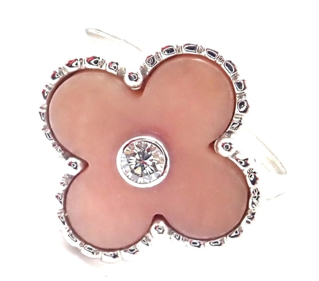 Authentic! Van Cleef & Arpels Alhambra 18k White Gold Pink Opal Diamond Ring: Authentic! Van Cleef & Arpels Alhambra 18k White Gold Pink Opal Diamond Ring About This Piece: Metal: 18k white gold Size: Width: European 52, US 6 15mm Weight: 6.3 grams Stones: 1 alhambra shape pink