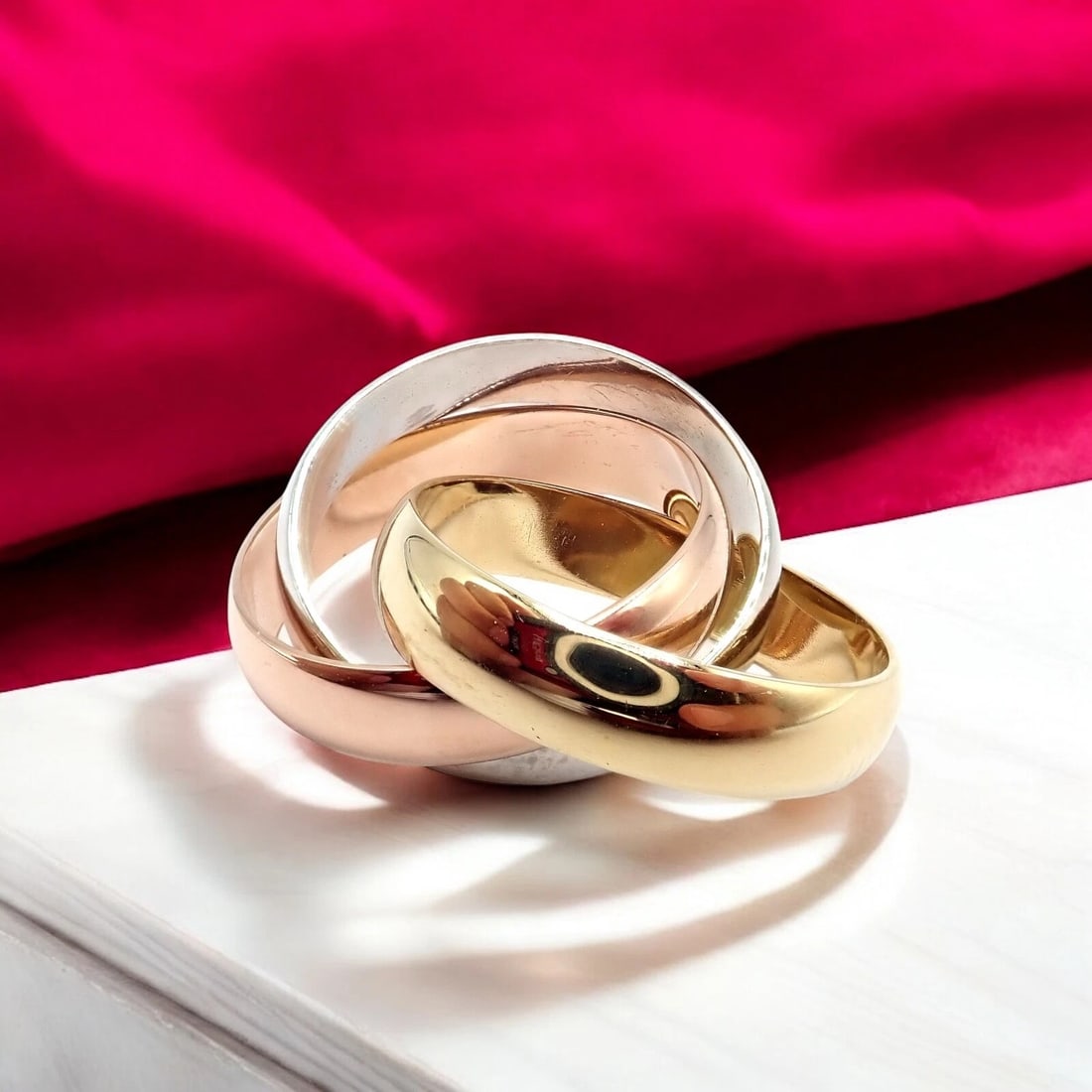 Authentic! Cartier Trinity 18k TriColor Gold Wide Band Ring + Papers sz 55 7.25: Authentic! Cartier Trinity 18k TriColor Gold Wide Band Ring + Papers sz 55 7.25 About This Piece: This authentic Cartier Trinity ring features a wide band crafted from 18k tri-color gold: yellow, whit