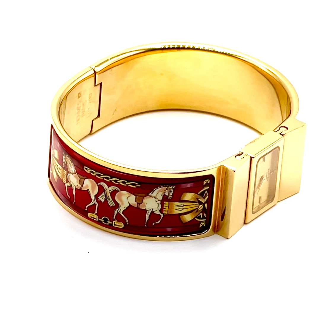 Authentic! Hermes Loquet Red Horse Equestrian Motif Bangle Bracelet Watch (1 of 6)