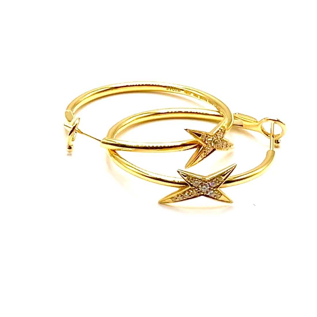 Rare! Mauboussin 18k Yellow Gold Diamond Celestial Star Etoile Hoop Earrings: Rare! Mauboussin 18k Yellow Gold Diamond Celestial Star Etoile Hoop Earrings About This Piece: This comes with Mauboussin pouch. Retails $4,250 Metal: 18k Yellow Gold Size: Hoop: 33mm to 35mm Star Wid