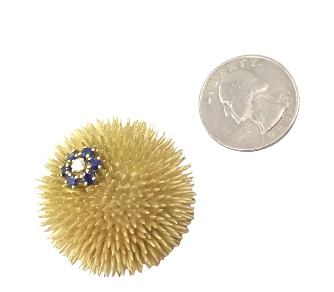Tiffany & Co 18k Yellow Gold Sapphire Diamond Large Urchin Brooch Pin 1960's: Tiffany & Co 18k Yellow Gold Sapphire Diamond Large Urchin Brooch Pin 1960's Tiffany & Co 18k Yellow Gold Sapphire Diamond Large Urchin Brooch Pin 1960's Product Description About This Piece: Metal: 1