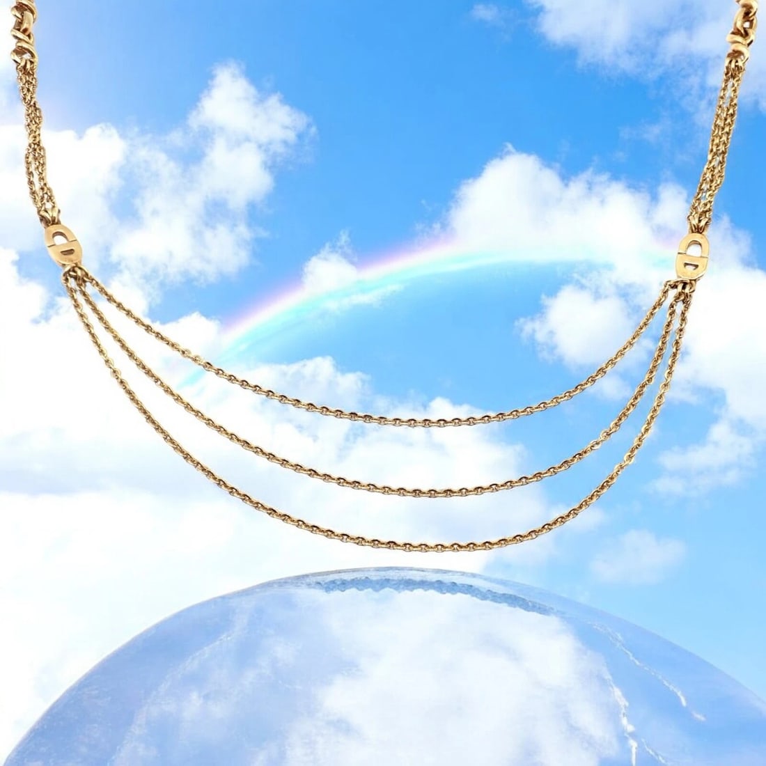 Vintage! Christian Dior Solid 18k Gold CD Three Strand 28" Long Necklace Germany: Vintage Christian Dior necklace crafted in solid 18k gold, featuring an elegant 28" length and signature "CD" logo accents. Made in Germany, this luxurious piece showcases three delicate strands at th