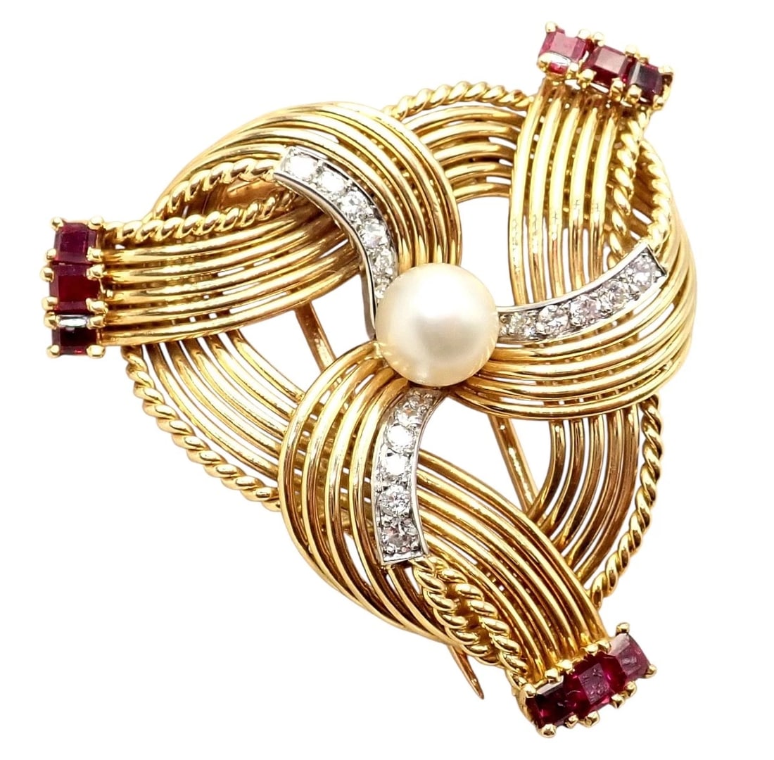 Vintage Cartier 18k Yellow Gold Diamond Ruby Pearl Pin Brooch 1960s (1 of 16)