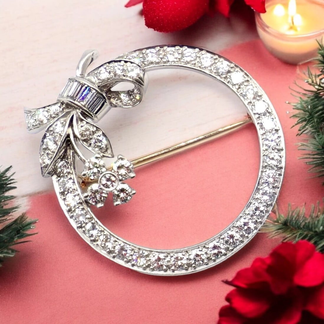 Rare! Authentic Tiffany & Co. Circle Platinum 2.1ct Diamond Pin Brooch 1920's: This authentic Tiffany & Co. Circle Pin Brooch, crafted in platinum, features 2.1 carats of dazzling diamonds in a timeless design from the 1920s. The pin portion of the brooch is 18k yellow gold, pro