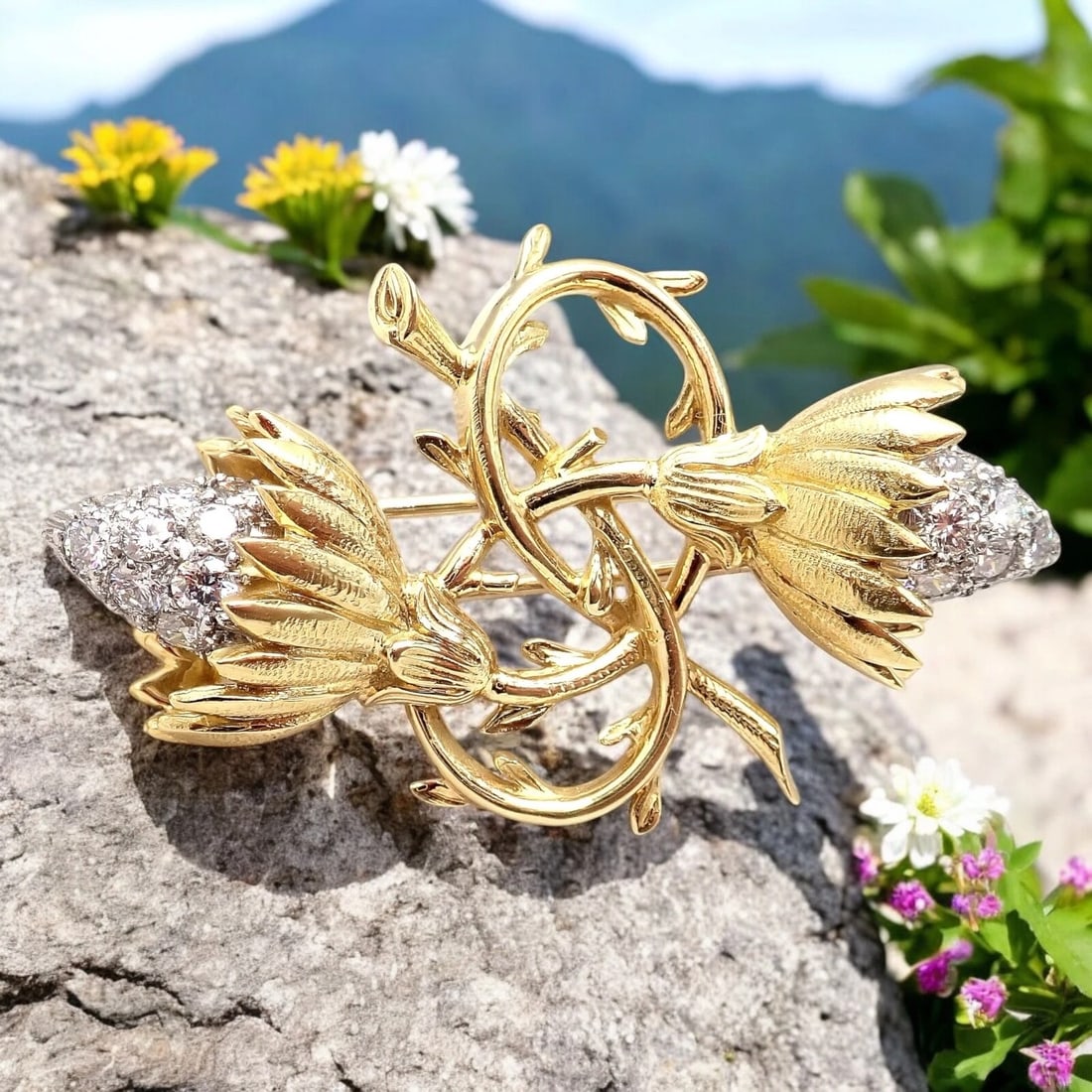 Authentic! Tiffany & Co Schlumberger 18k Yellow Gold Platinum Diamond Pin Brooch: Authentic! Tiffany & Co Schlumberger 18k Yellow Gold Platinum Diamond Pin Brooch Product Description About This Piece: This exquisite Tiffany & Co Schlumberger double thistle pin is meticulously craft