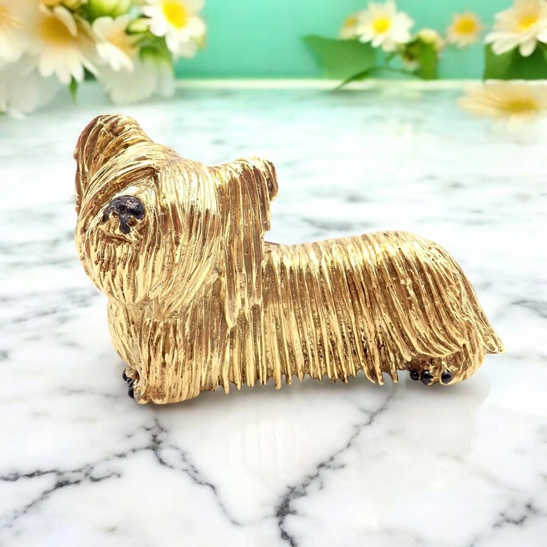 Rare! Vintage Tiffany & Co 18k Yellow Gold Enamel Dog Terrier Brooch Pin 1960's: A charming find from the 1960s, this Vintage Tiffany & Co Terrier Brooch is meticulously fashioned in 18k yellow gold, accentuated by rich enamel detailing. The playful pup’s lifelike features a