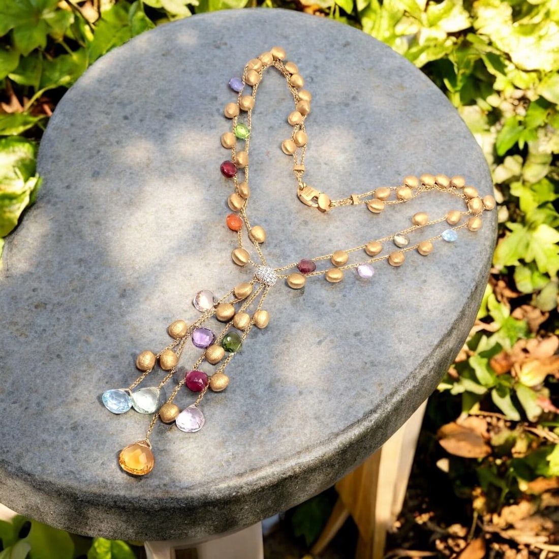 Authentic! Marco Bicego 18k Yellow Gold Paradise Gemstone Diamond Necklace: The Marco Bicego 18k Yellow Gold Paradise Diamond Tassel Necklace is a stunning blend of elegance and playfulness. Featuring a cascade of delicate, multicolored gemstones and brilliant diamonds, the n