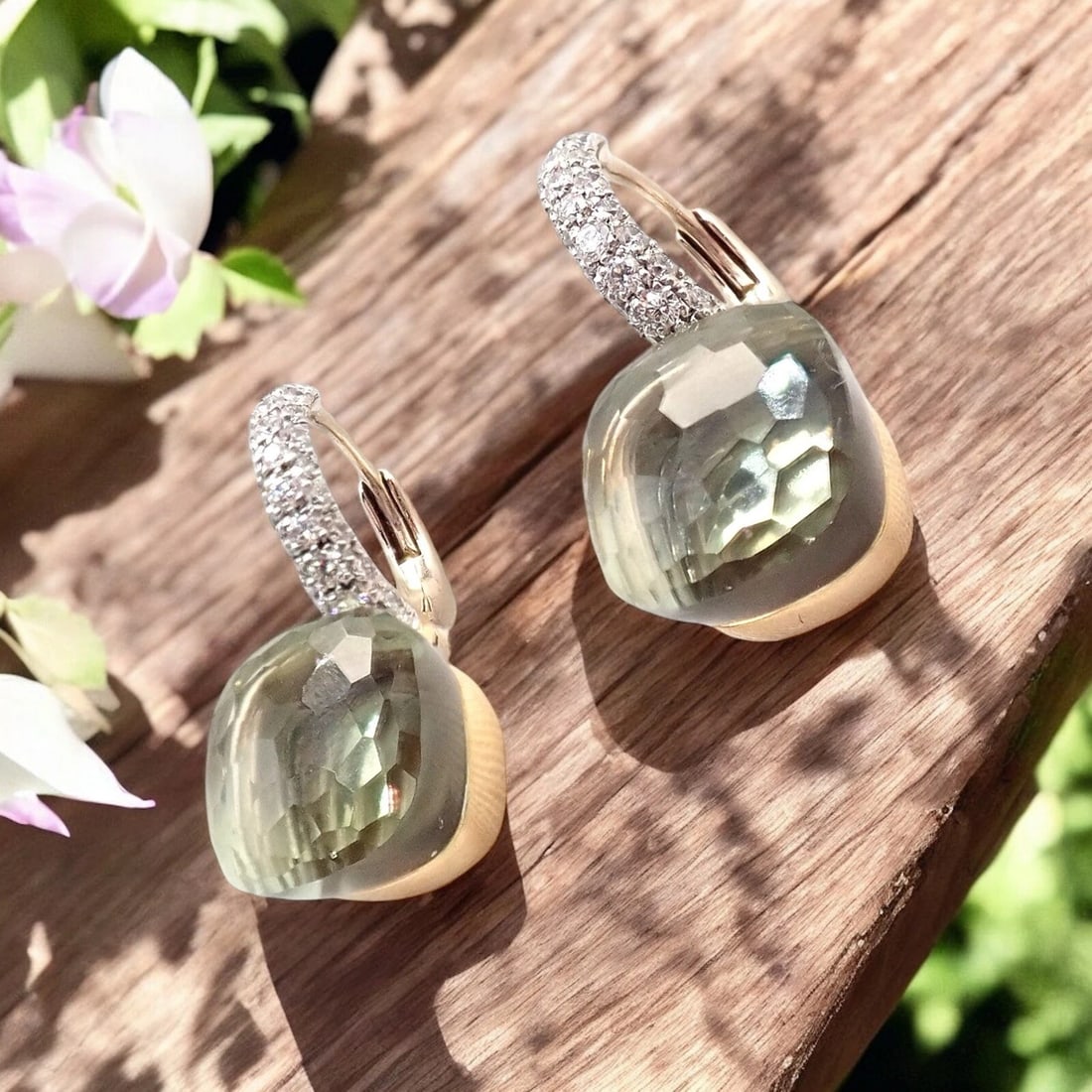 Authentic! Pomellato Nudo 18k Rose + White Gold Diamond Prasiolite Earrings: The Pomellato Nudo 18k Rose + White Gold Diamond Prasiolite Earrings are a refined blend of simplicity and luxury. Featuring faceted prasiolite gemstones set in yellow gold, each earring is adorned wi