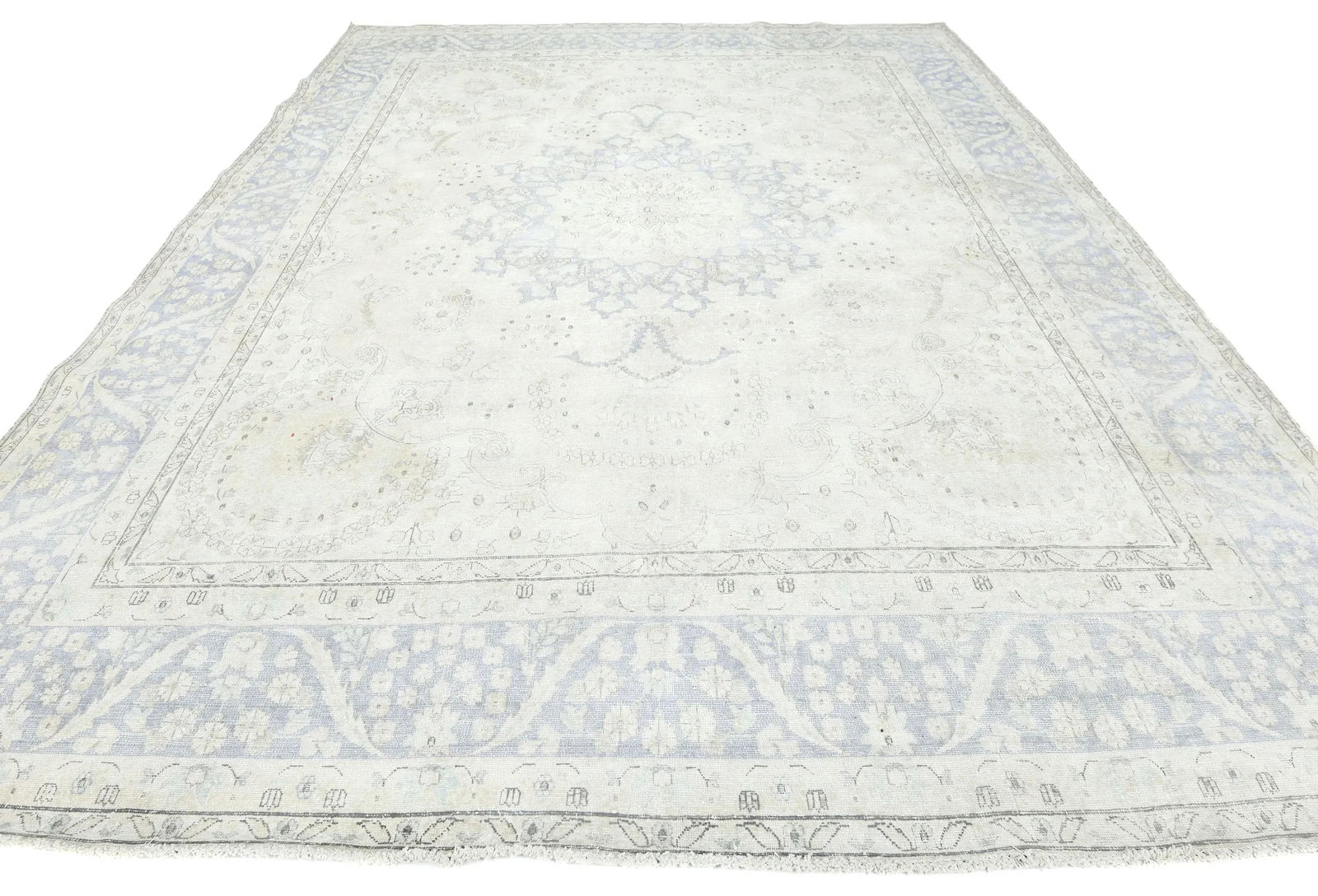 Muted Cream Floral 10X13 Distressed Vintage Oriental Rug - 2