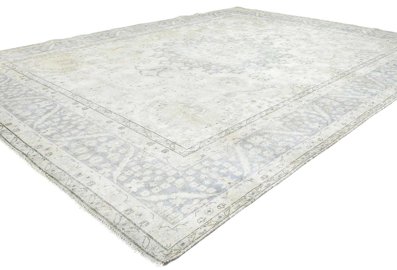 Muted Cream Floral 10X13 Distressed Vintage Oriental Rug - 3