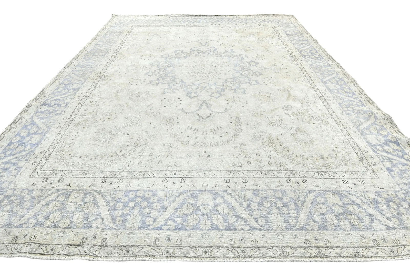 Muted Cream Floral 10X13 Distressed Vintage Oriental Rug - 9