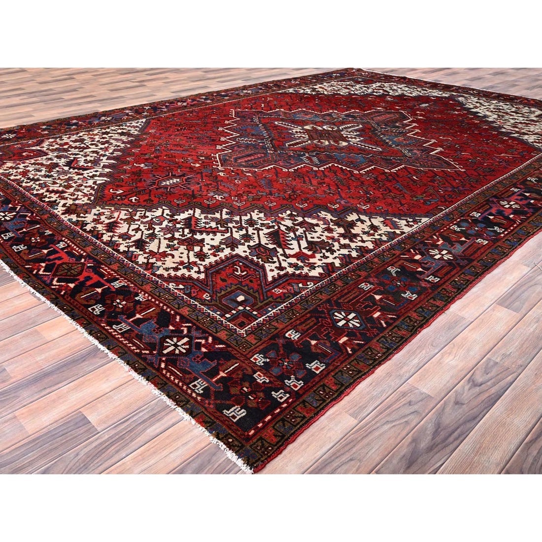 Imperial Red, Semi Antique Persian Heriz, Pure Wool Hand Knotted Rug - 3