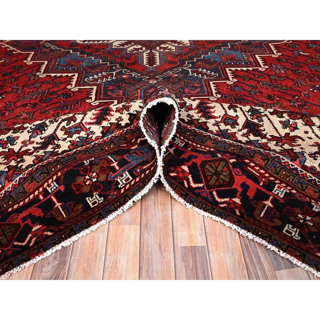 Imperial Red, Semi Antique Persian Heriz, Pure Wool Hand Knotted Rug - 5