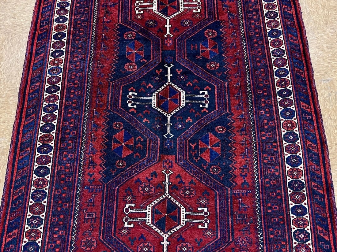 Hand-Knotted Persian Sirjan Antique Red Blue Wool Oriental Tribal Area Rug 4'6" x 7'5" - 4