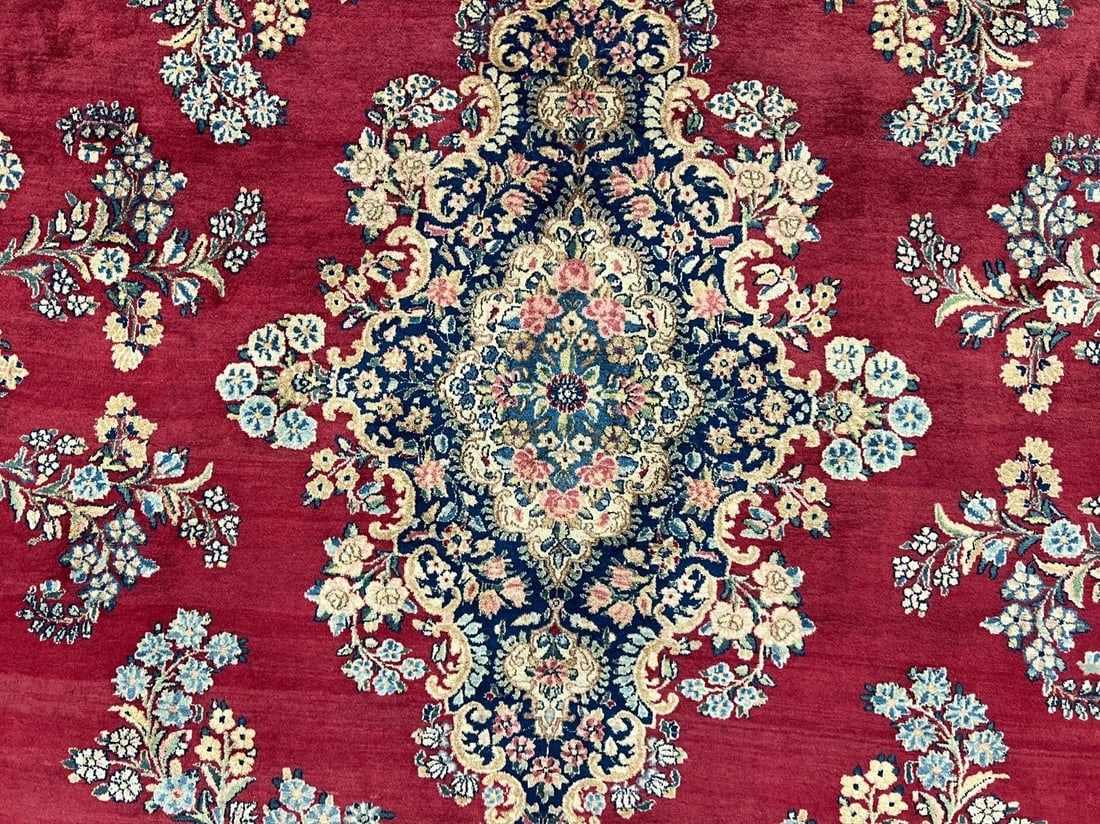 Hand-Knotted Persian Kerman Semi-Antique Red Wool Oriental Rug Carpet 9'10" x 13'6" - 7