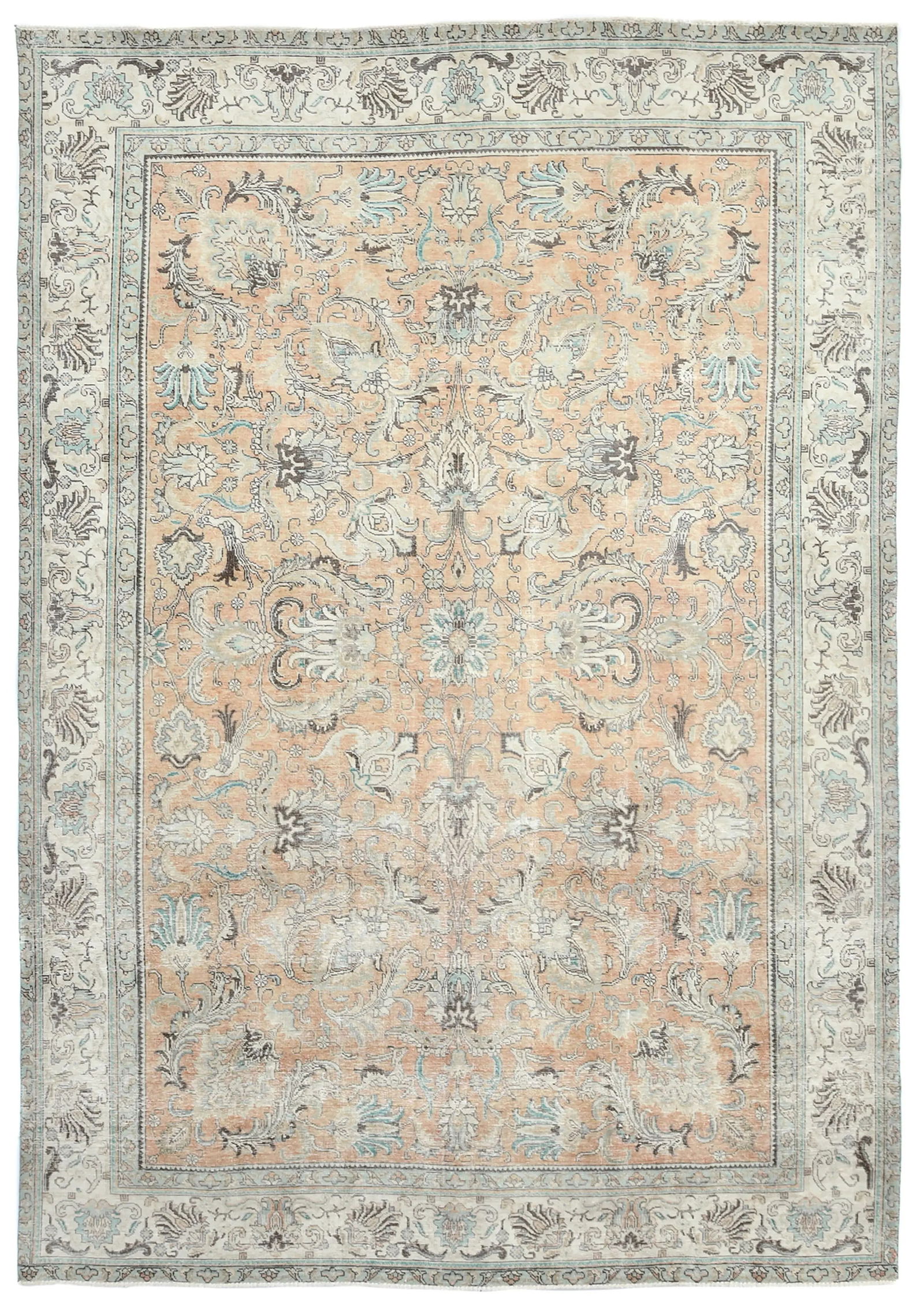 Semi Antique Muted Light Peach Floral 8X11 Distressed Vintage Oriental Rug: Title:Semi Antique Muted Light Peach Floral 8X11 Distressed Vintage Oriental Rug Description:Handmade 8X11 Light Peach Oriental rug made with vegetable dyes (fine wool pile and cotton foundation), sup
