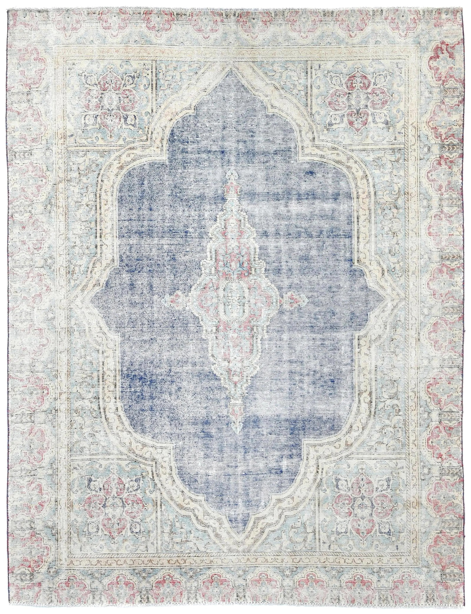 Muted Navy Blue Floral 7X9 Distressed Vintage Oriental Rug: Title:Muted Navy Blue Floral 7X9 Distressed Vintage Oriental Rug Description:Handmade antique 7X9 navy blue Oriental rug made with vegetable dyes (fine wool pile and cotton foundation), superior knot